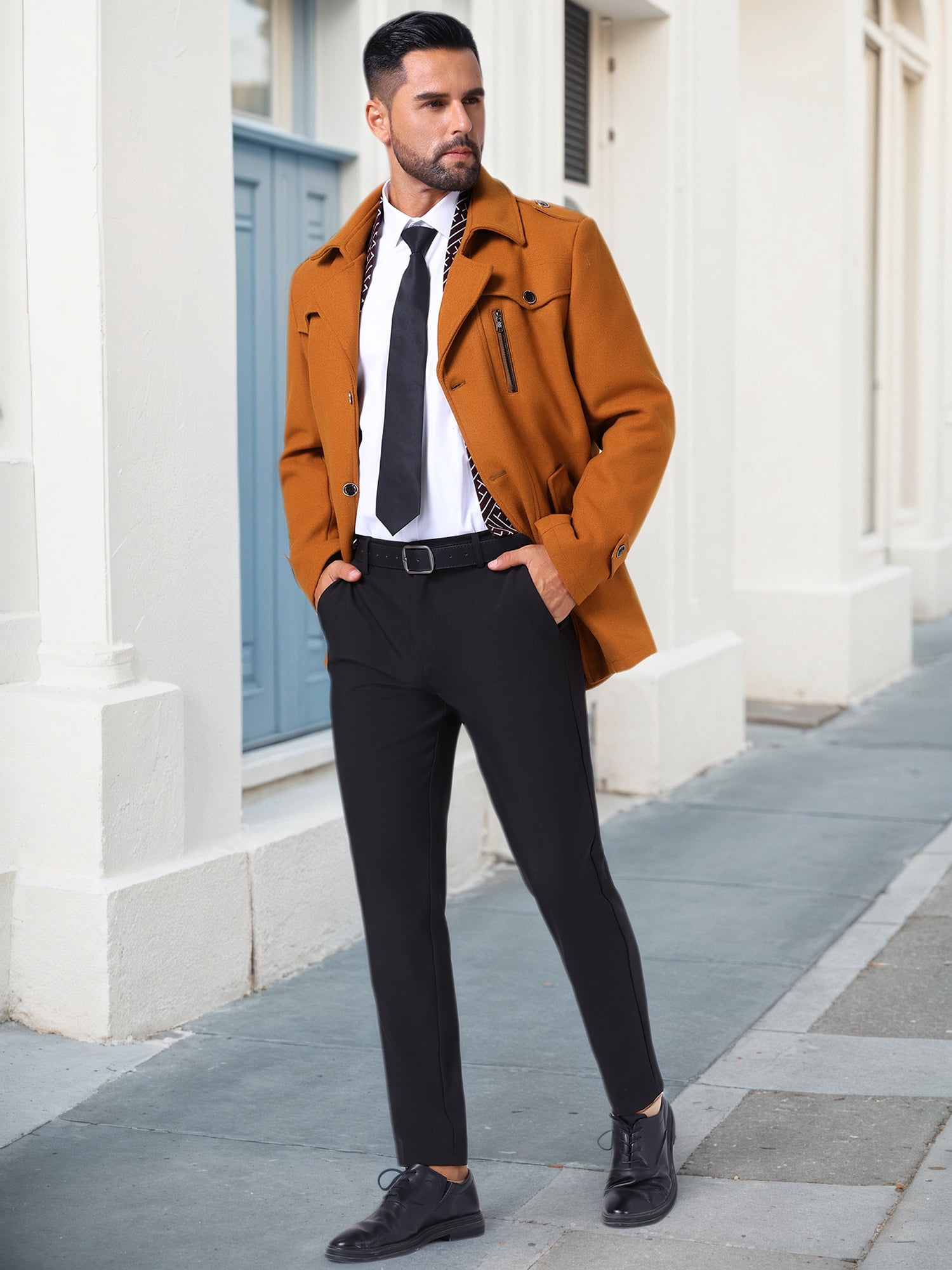 DARING DIVA Men's Mid-Length Overcoat Zipper Single Breasted Winter Coat M Caramel Brown