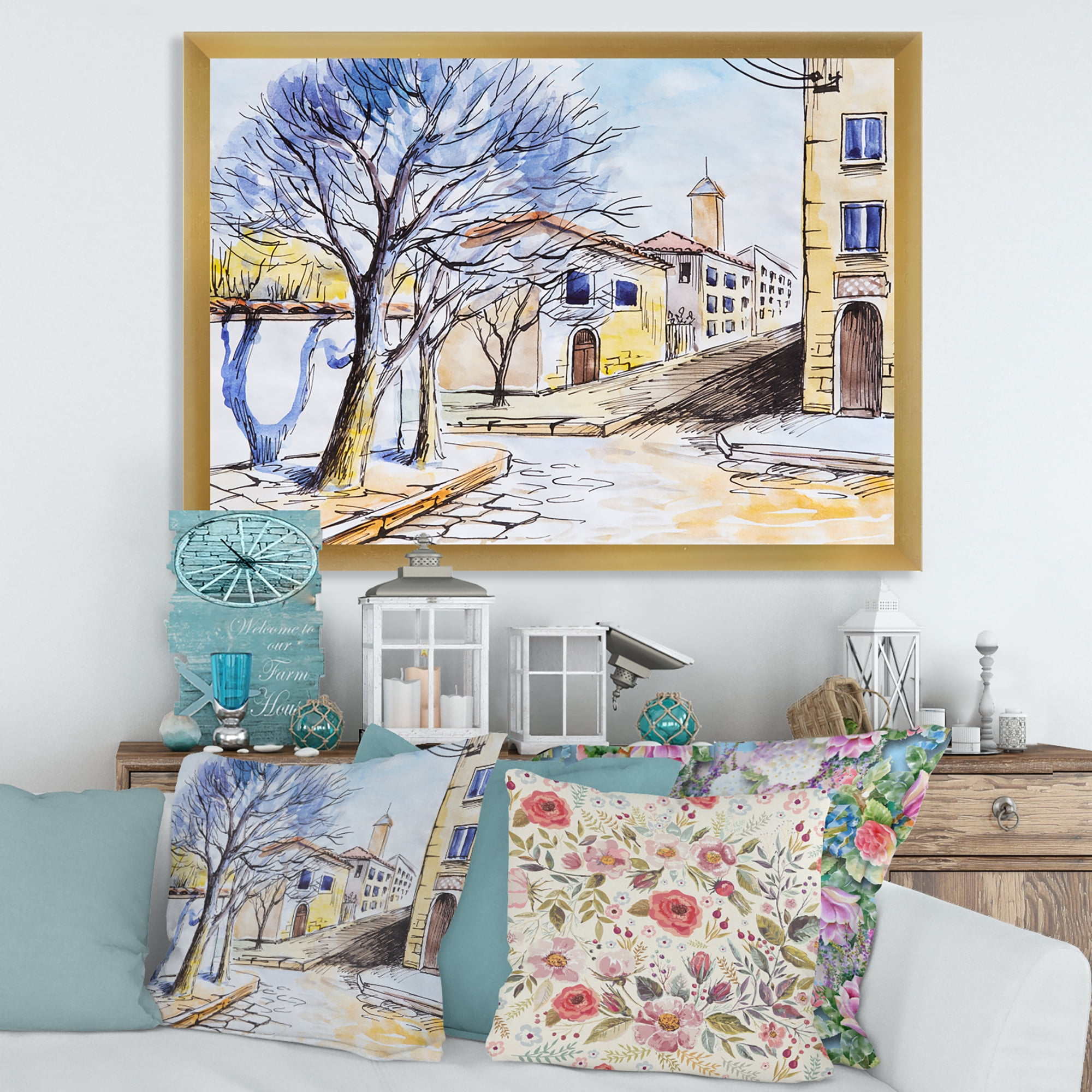 Designart 'Vintage White House In Summer VIllage' Traditional Framed Art Print
