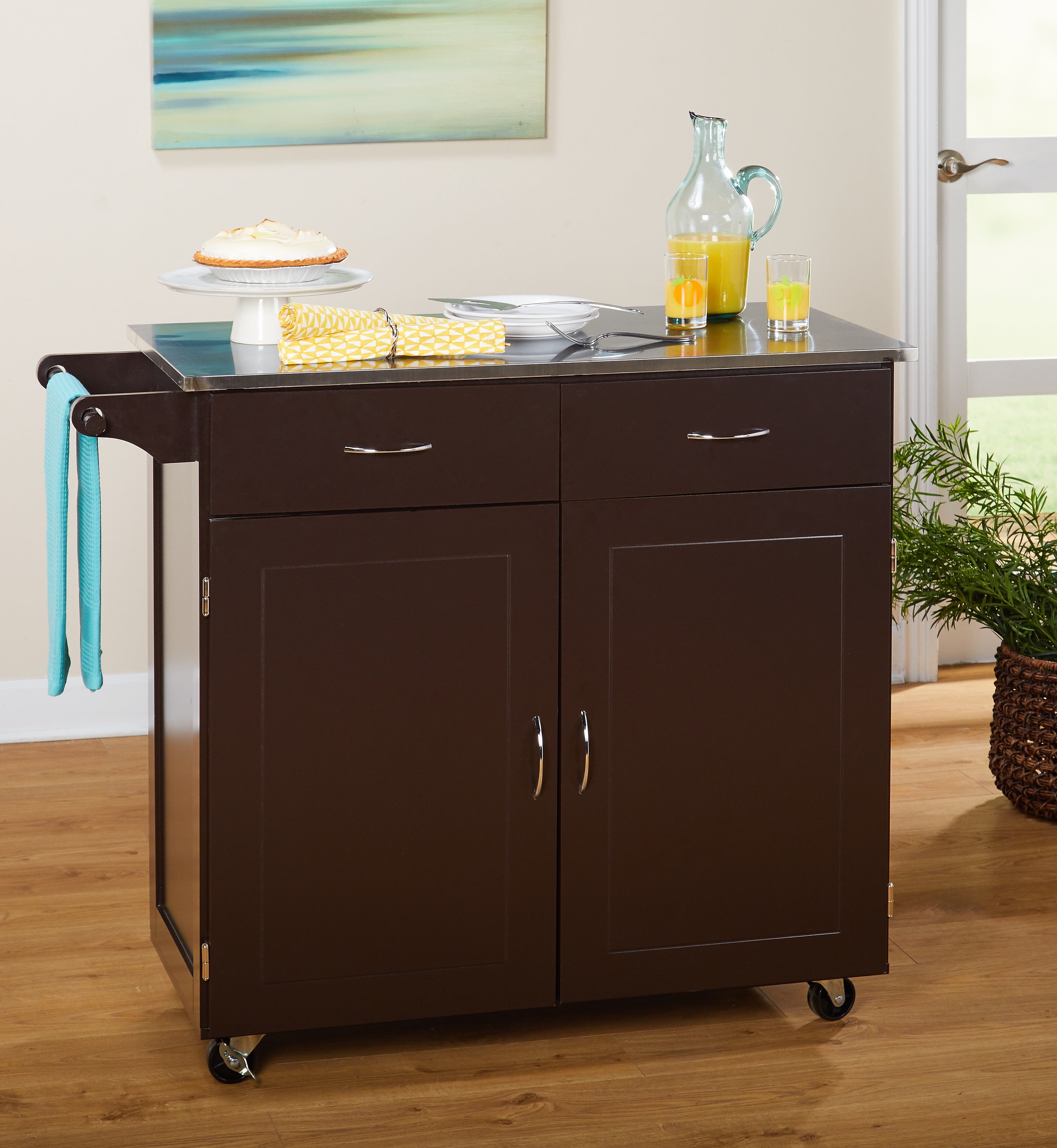 TMS Large Kitchen Cart, Espresso with Stainless Steel Top