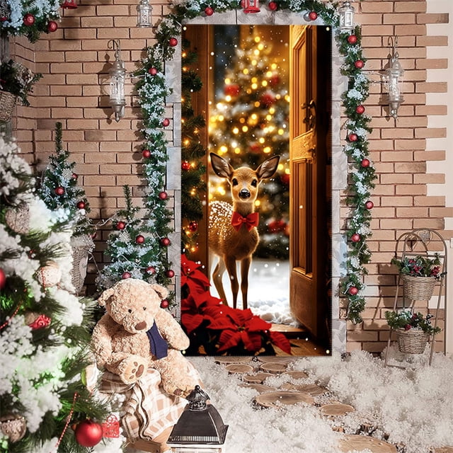 Linnome 35x71 Inch Santa Claus Door Decoration, Christmas Pattern Door Cover for Indoor Outdoor Use, Holiday Decor