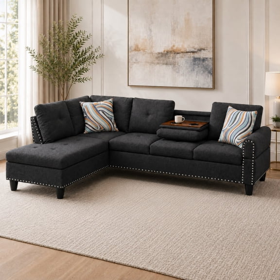 Momspeace 3 Piece Sectional Sofa with Cup Holder, 98" Linen L-Shaped Sofa for Living Room, Black
