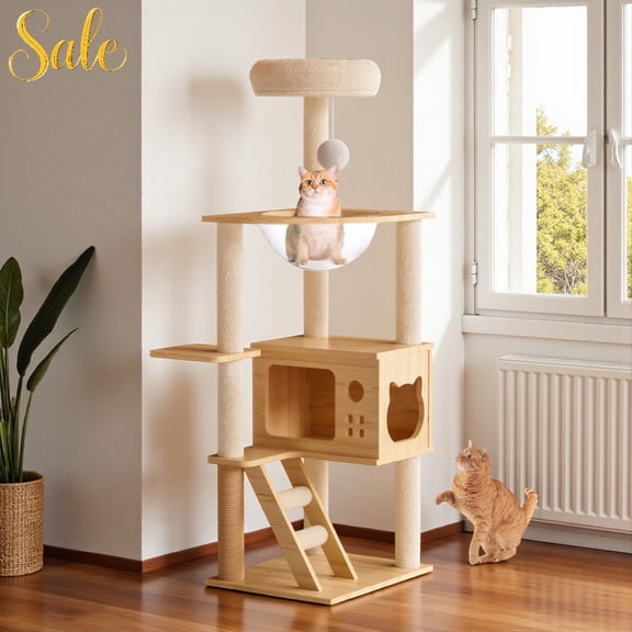 Tcbosik 48.8" Modern Wooden Cat Tower with Acrylic Hammock, Condo, Sisal Scratching Post & Padded Perch, Multi-Level Cat Tree for Indoor Cats, Stable Cat Furniture for Kittens & Large Cats (Natural)