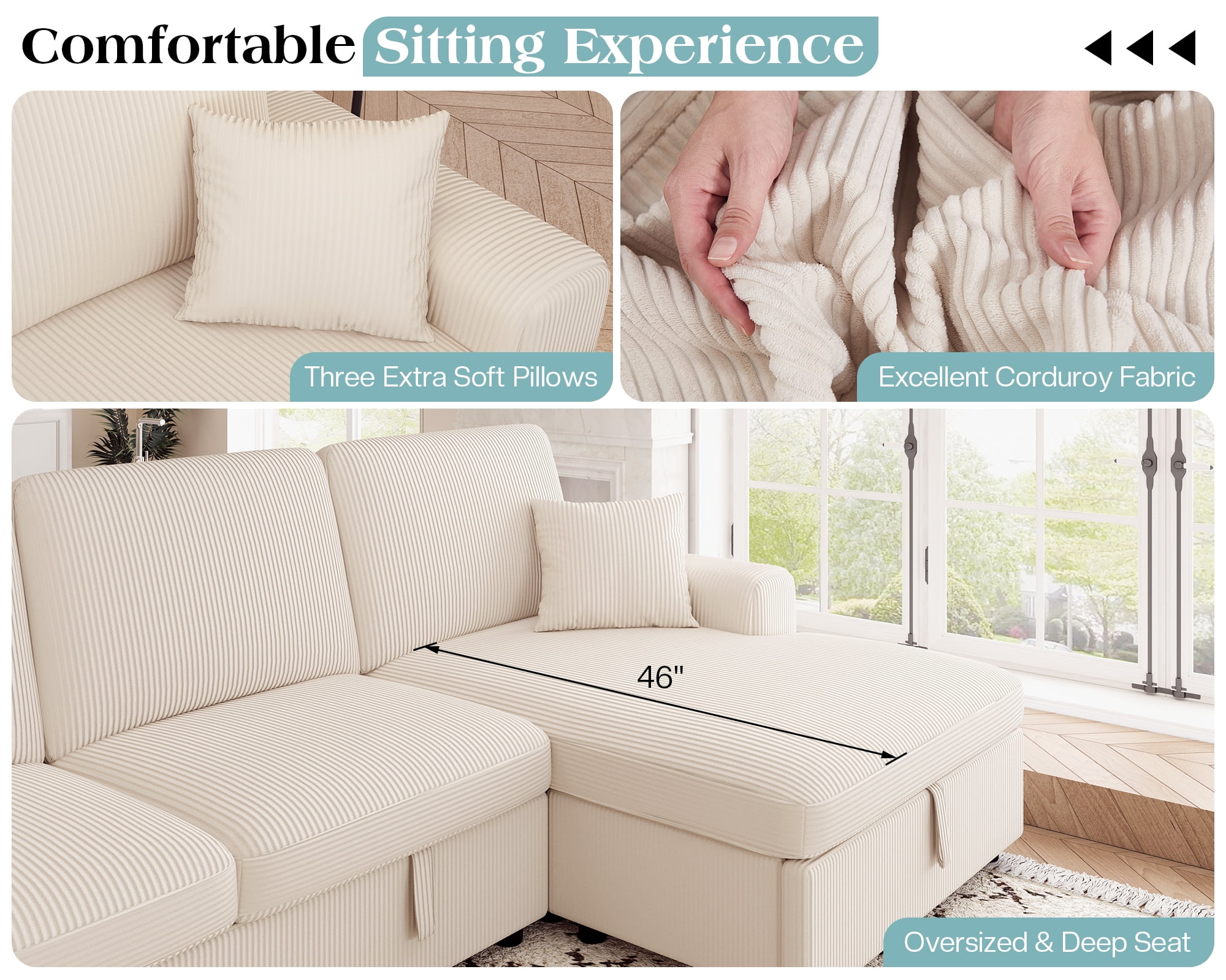 VanAcc 130" Sofa Bed, Sectional Sleeper Sofa with Pull Out Bed, Sleeper Couch with Storage, 6 Seater Couch for Living Room, Corduroy Beige