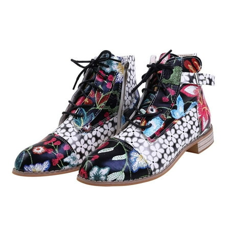 

QISIWOLE Painting Flower Pattern Cow Leather Splicing Lace-Up Stitching Ankle Boots clearance under 5