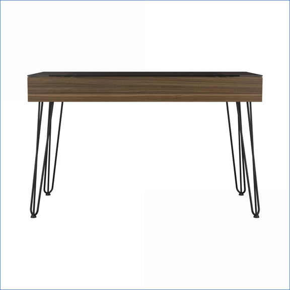 Desks, Industrial Style with 1 Spacious Drawer, Glass Top & Metal Legs | Mahogany | Particle Board
