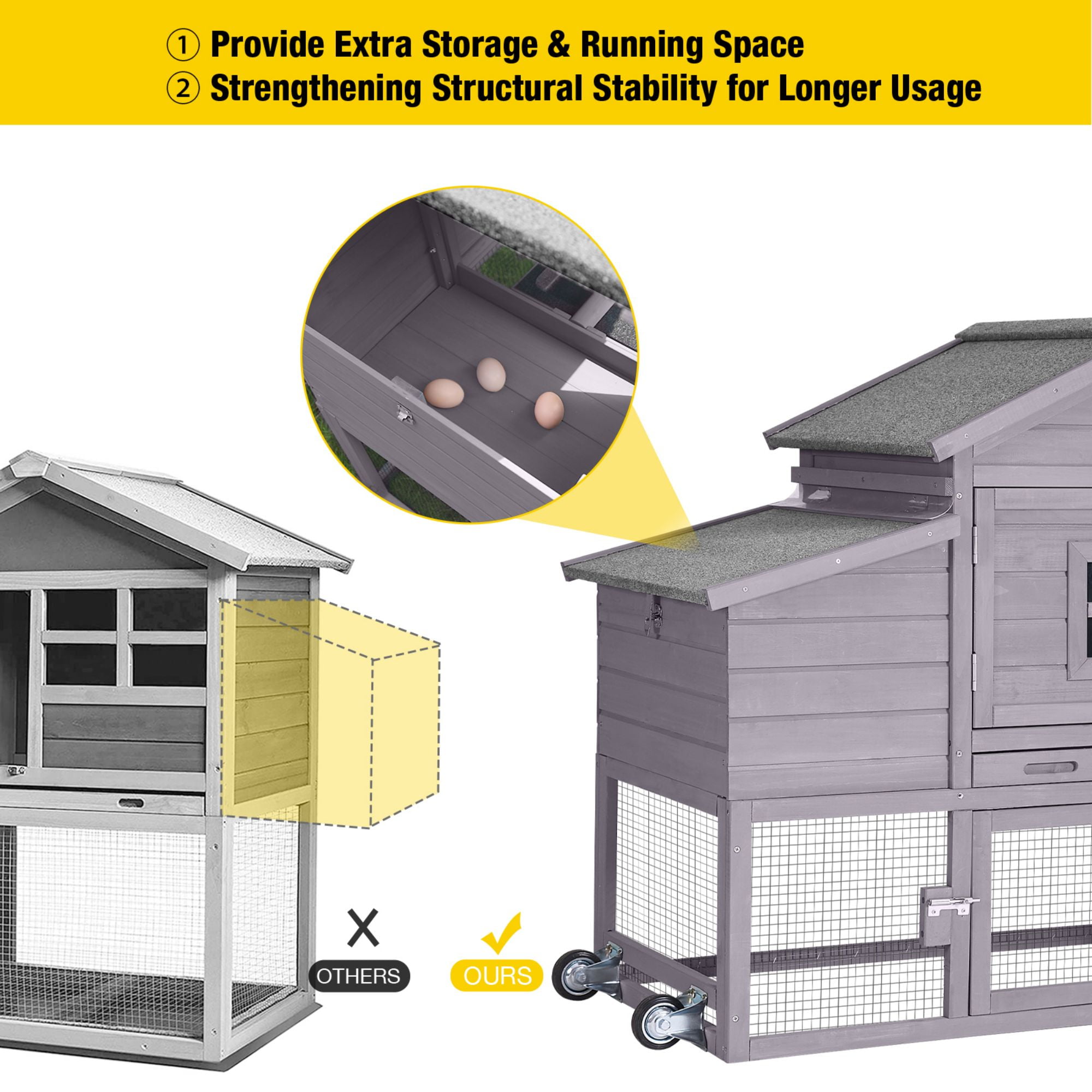 Aivituvin Mobile Chicken Coop with Wheels for 2-4 Chickens, Weatherproof Chicken House Poultry Cage with Nesting Box, Leakproof Pull-Out Tray for Outdoor Backyard, Gray