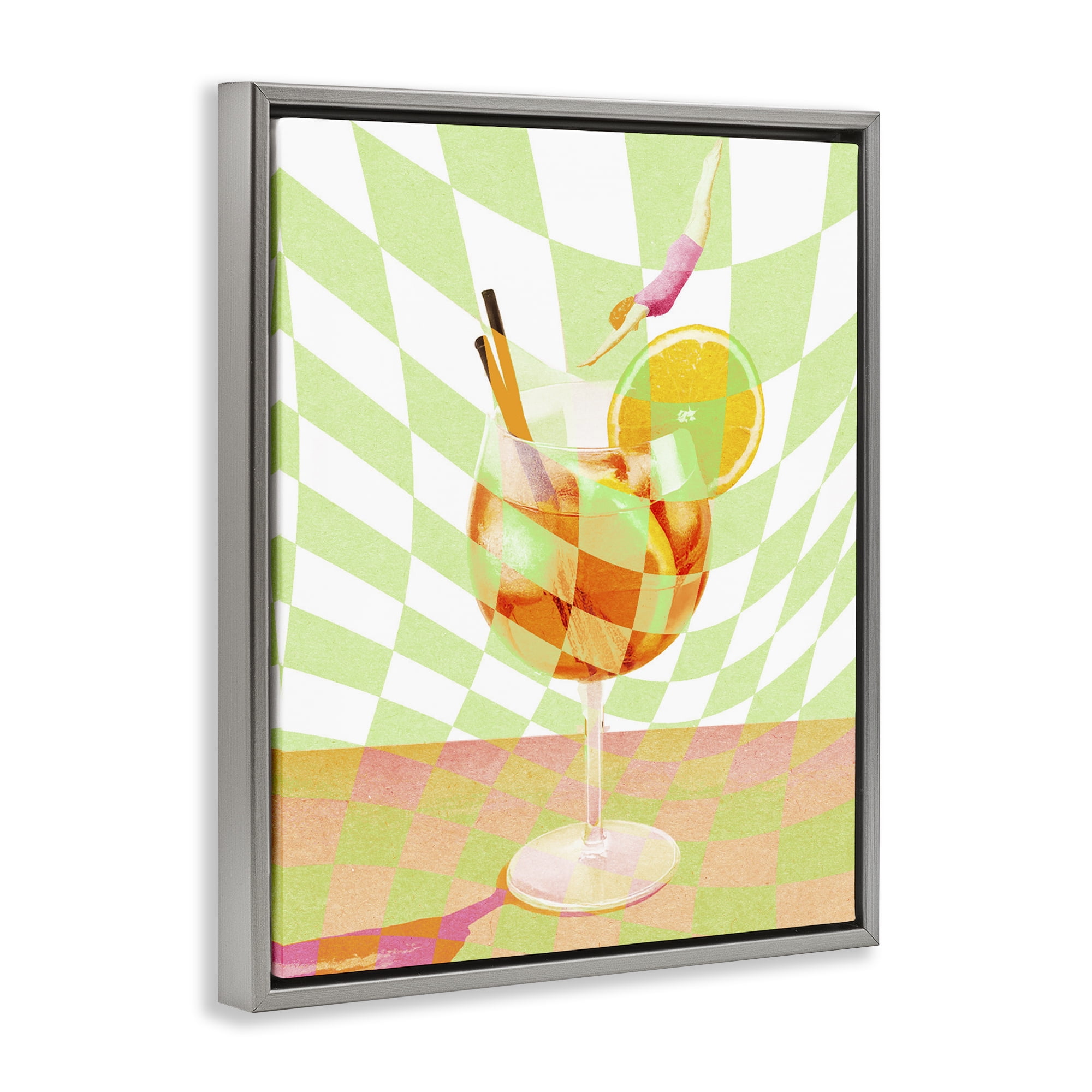 Retro Swimmer Summer Cocktail Gray Framed Floater Canvas Wall Art, design by Lil' Rue