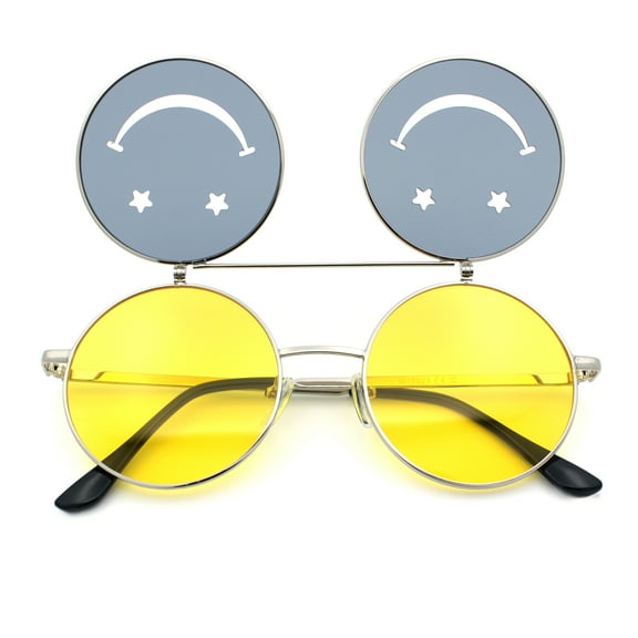 Retro Smiley Face Double Flip Up Round Circle Lens Hippie Sunglasses Silver - Yellow Black