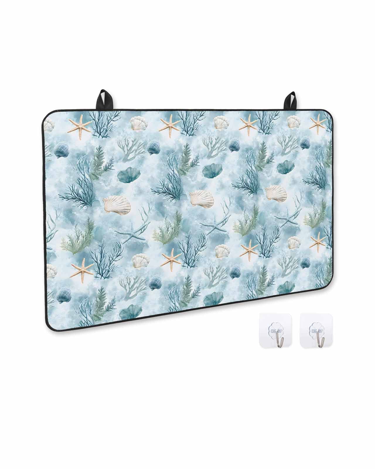 nqOlkjepod Large Induction Cooktop Protector Mat 24"x21", Summer Blue Coral Stove Top Covers for Electric Stove, Retro Coastal Starfish Conch Shell Stove Burner Cover Mats, Glass Top Stove Cover
