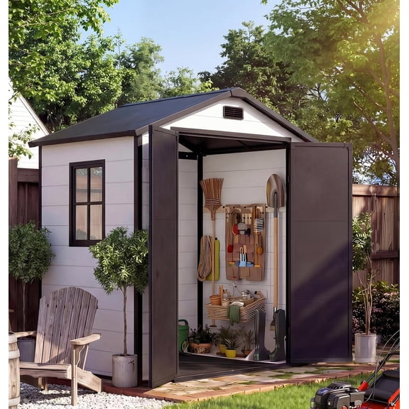6x4FT Resin Outdoor Storage Shed with Floor, Resin Sheds with Lockable Double Door, Tool Sheds with Window and Vents, for Garden, Backyard, Patio