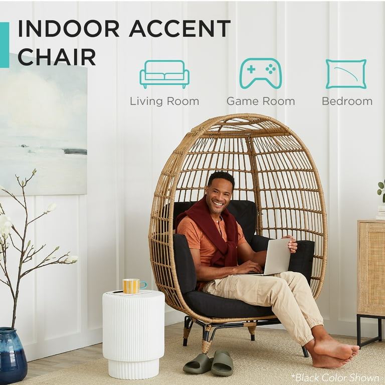 Best Choice Products Wicker Egg Chair Oversized Indoor Outdoor Patio Lounger w 440lb Capacity Gray White Sand