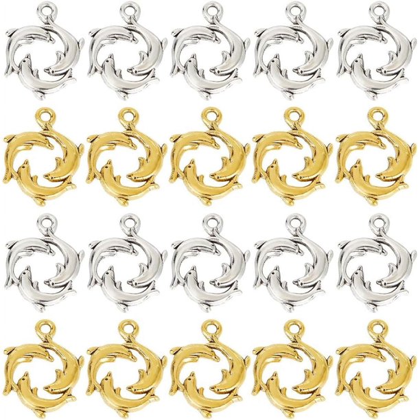 1 caja de 60 dijes de delfín a granel, dije de delfín plateado, pez plateado y dorado, dije 3D de la paz, el amor, el verano, el océano, el mar, aleación de animales