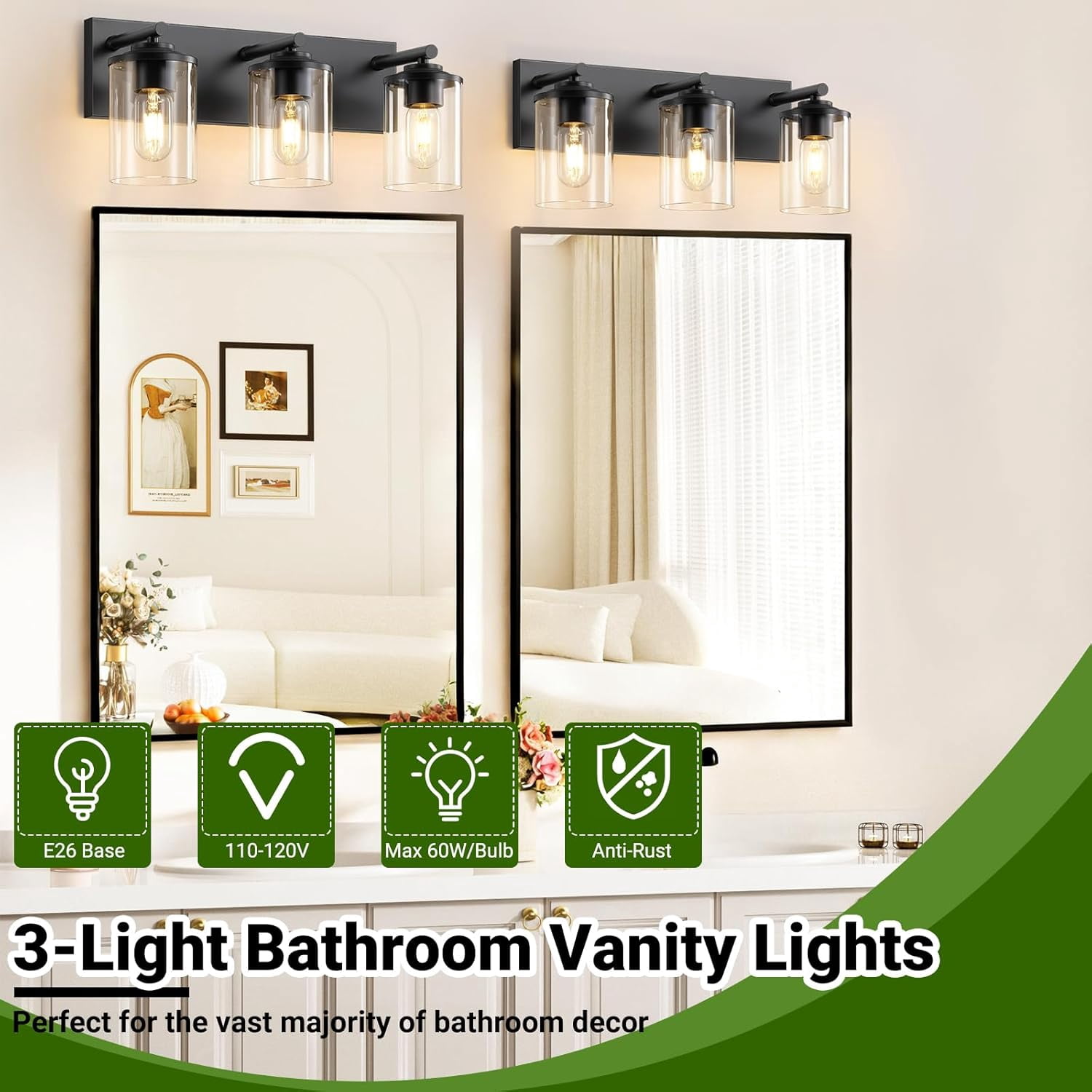3-Lights Bathroom Vanity Light Fixtures, Modern Black Vanity Lights Over Mirror with Clear Glass Shade for Bathroom, Wall Mounted Lamp for Bedroom Hallway Living Room