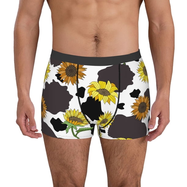 Balery Black Cow Print With Sunflowers Country Calzoncillos bóxer para hombre, ropa interior de algodón suave y transpirable con cinturilla de nailon-XX-Large