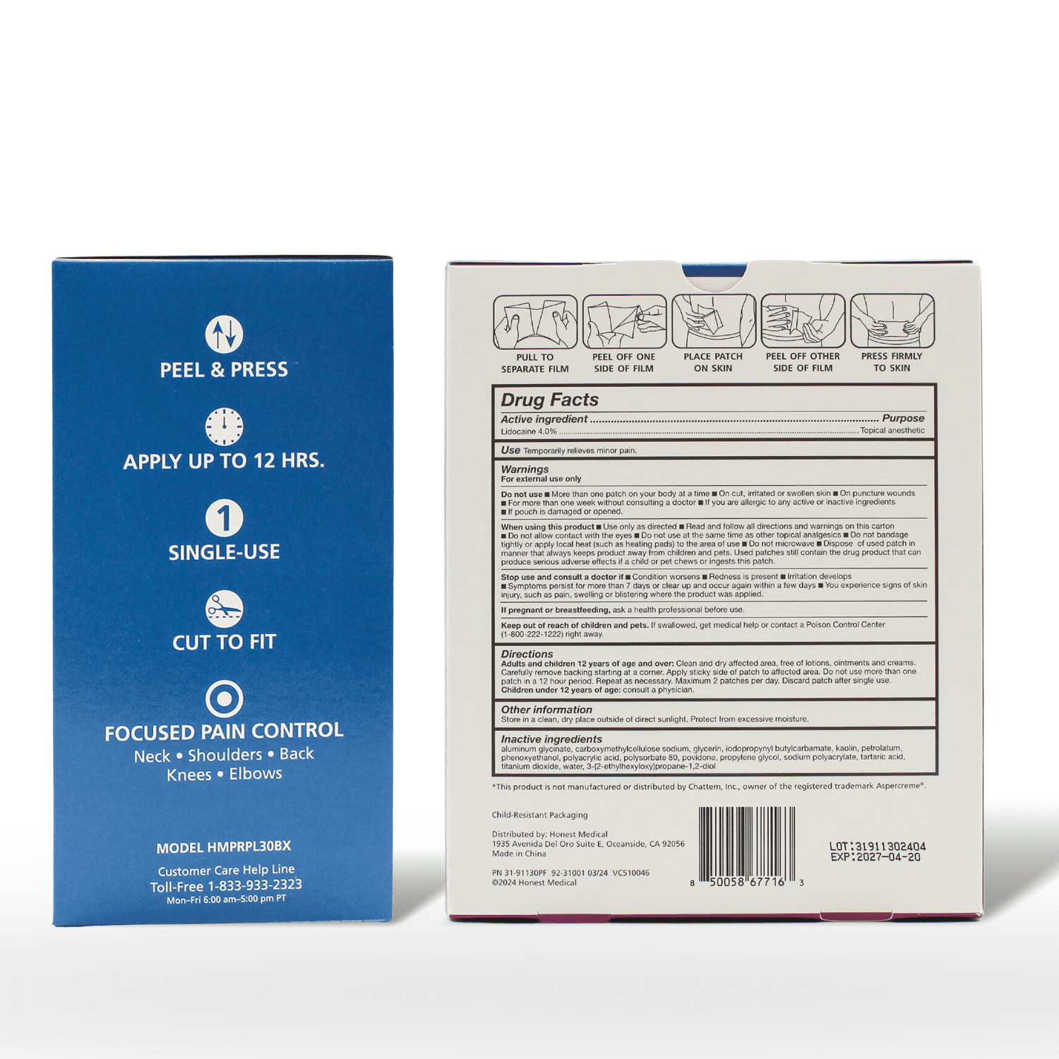 HonestMed Maximum Strength OTC Pain Relief Patch, 4% Lidocaine, Unscented, 3.9” x 5.5”, 30 Count Box