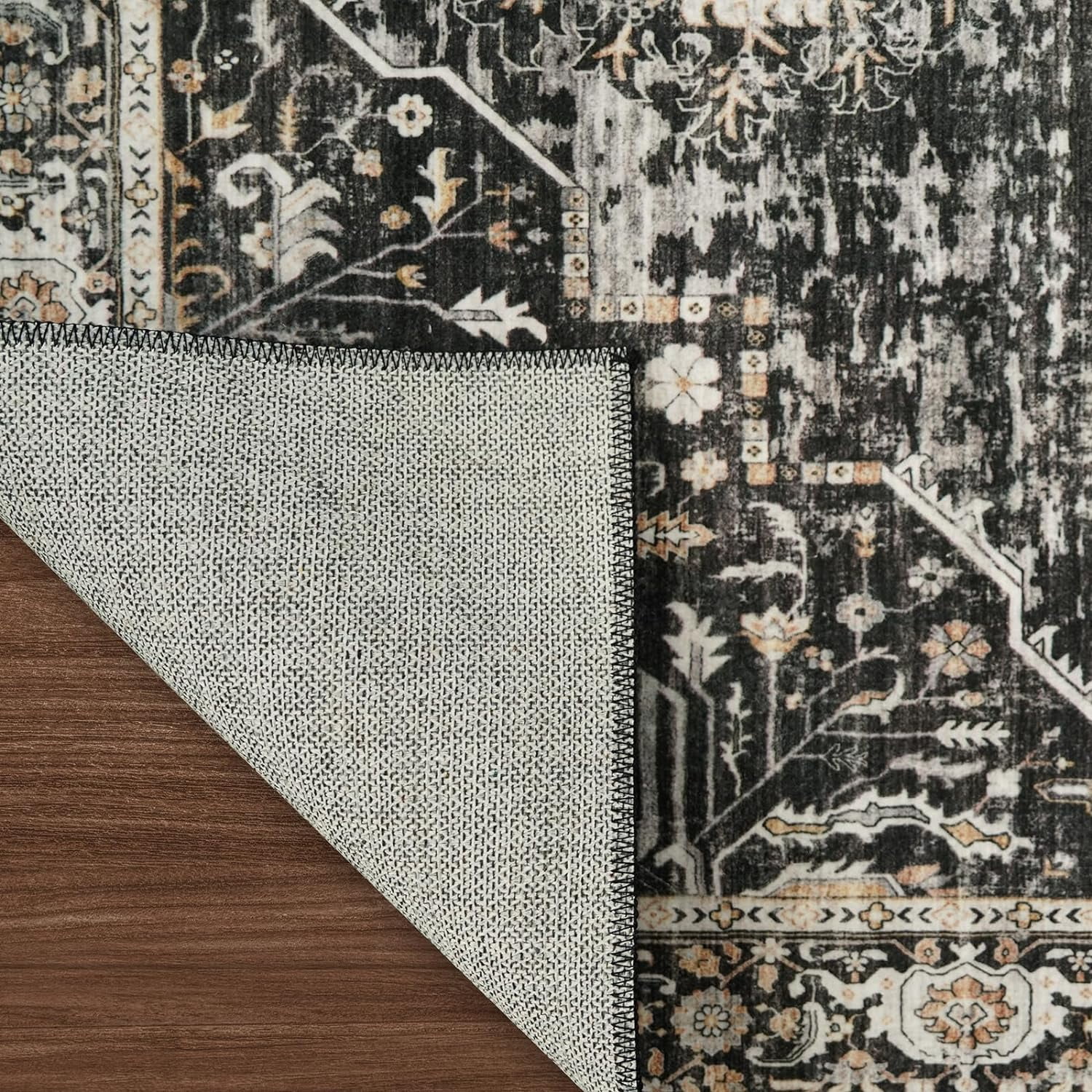 RUUGME Washable 10x14 Area Rug - Soft Area Rugs for Living Room Stain Resistant Carpet Vintage Lightweight Rugs for Bedroom with Non Slip Backing Indoor Ultra-Thin Rugs Home Decor 10x14 Black