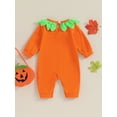 thumbnail image 3 of ZAXARRA Barboteuses d'Halloween pour Bébés Filles Garçons Imprimé Visage Souriant Feuille Col Rond Manches Longues Automne Justaucorps, 3 of 6
