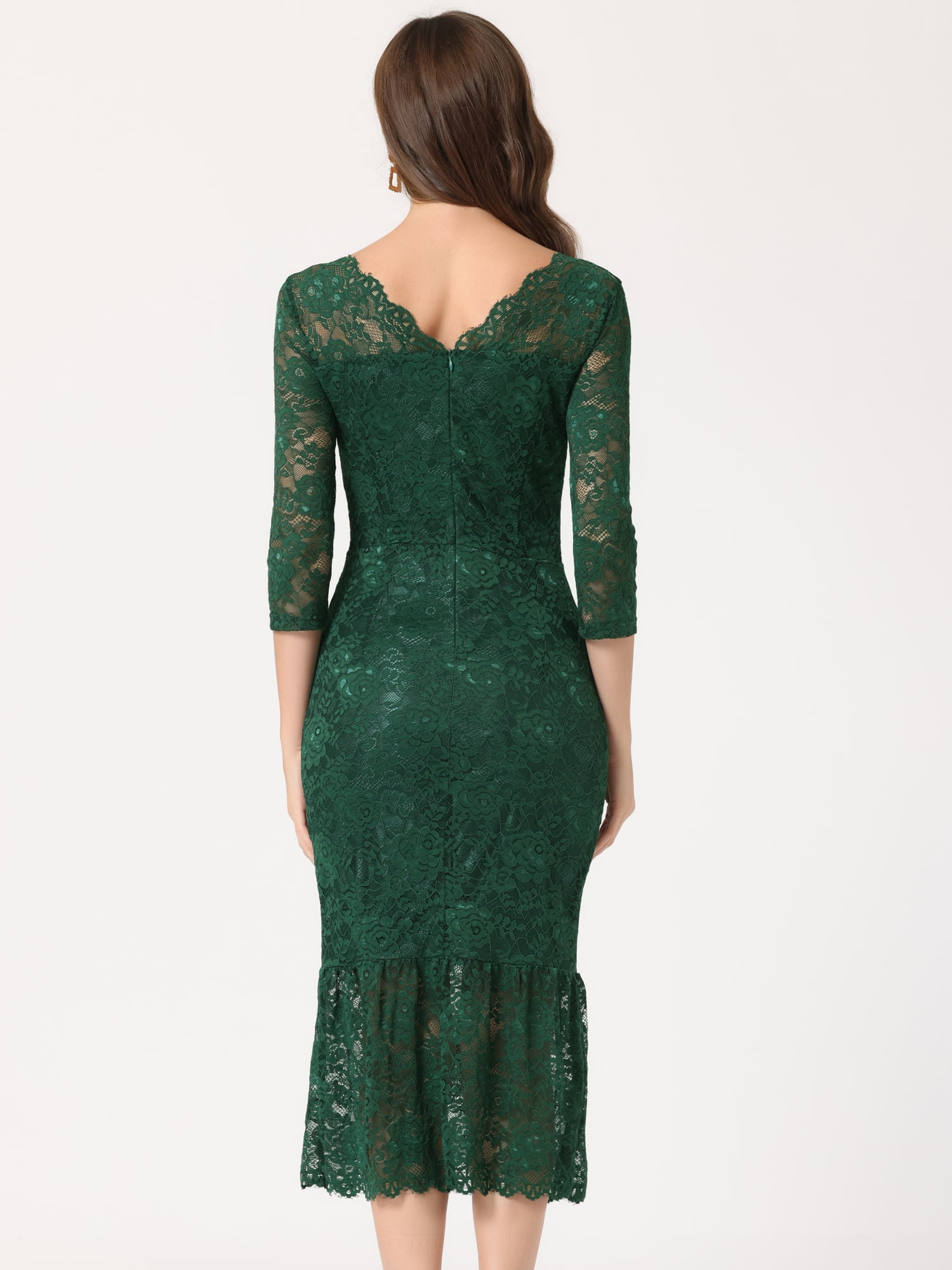 Unique Bargains Women's V-Neck Party 3/4 Sleeve Lace Ruffle Bodycon Dresses XS Dark Green