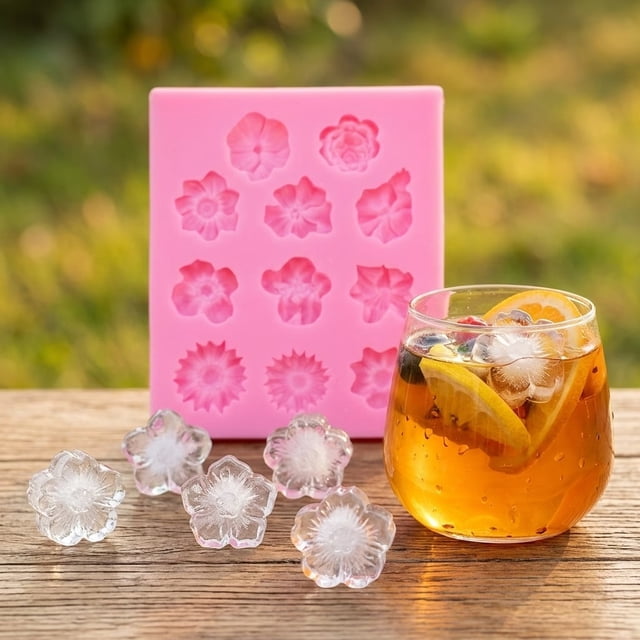 Bandeja for cubitos de hielo de silicona con flores mixtas de 11 cavidades: rosa, margarita, flor de cerezo, molde for hielo en forma de girasol for bebidas y uso diario