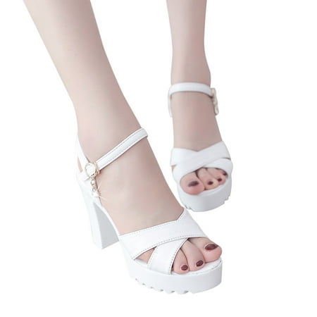 

CLZOUD Shade and Shore Sandals White Women Fish Mouth Platform High Heels Wedges Sandals Buckle Slope Sandals 37
