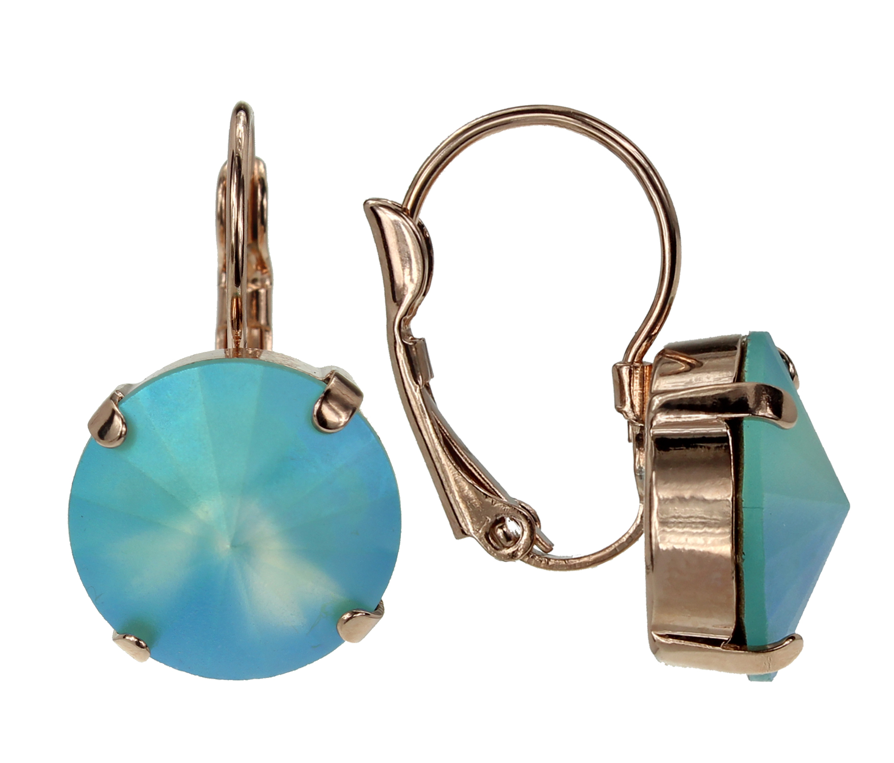 Swarovski Pastel Light Turquoise 14MM Rivoli Leverback Earrings in Nickel Free Rose Gold Plated Light Blue Green Custom Coated