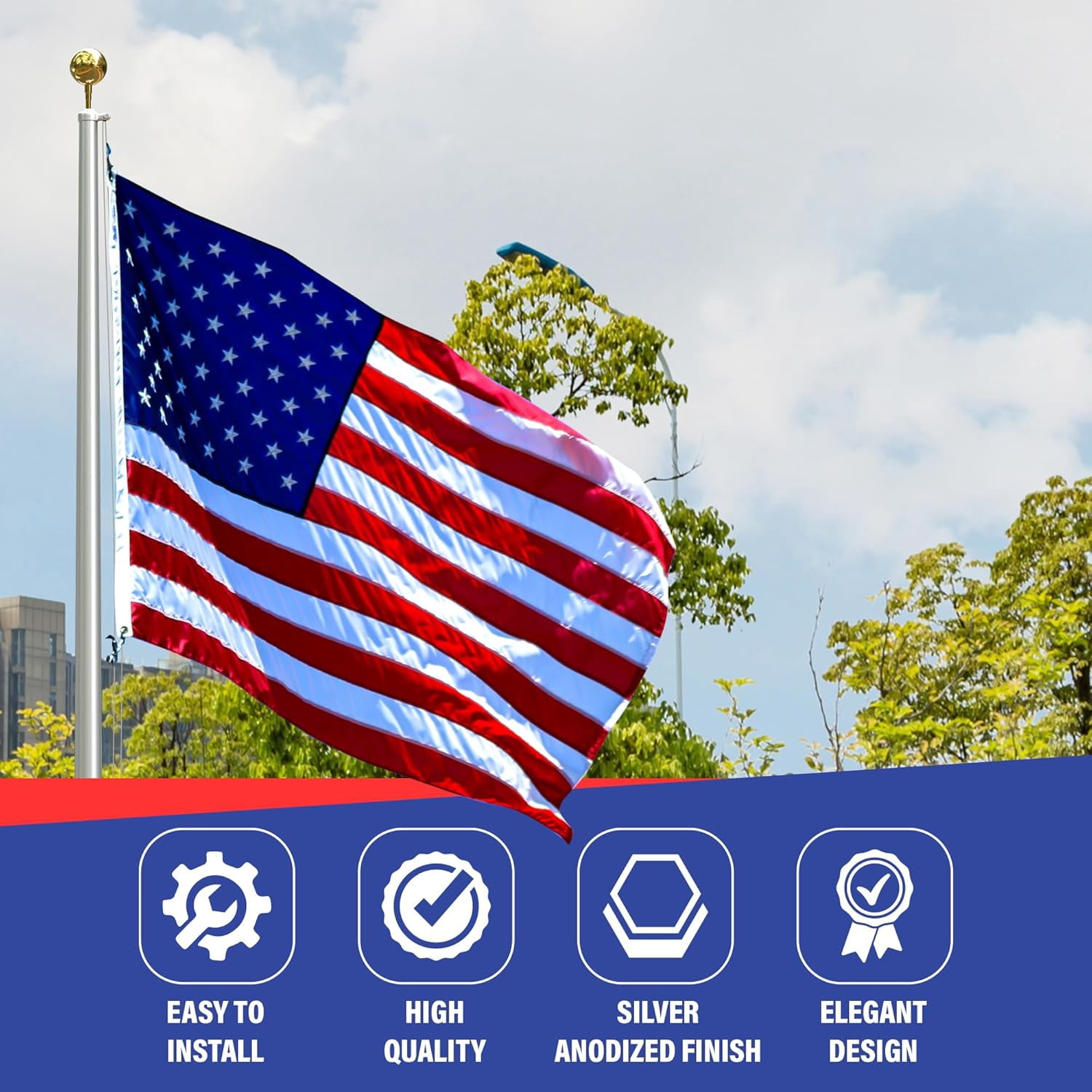 Super Tough USA-Made 25ft Heavy Duty Flag Pole for Outside House - Satin- Residential In-Ground Flagpole - 4-Section High-Grade Aluminum - Includes All Accessories