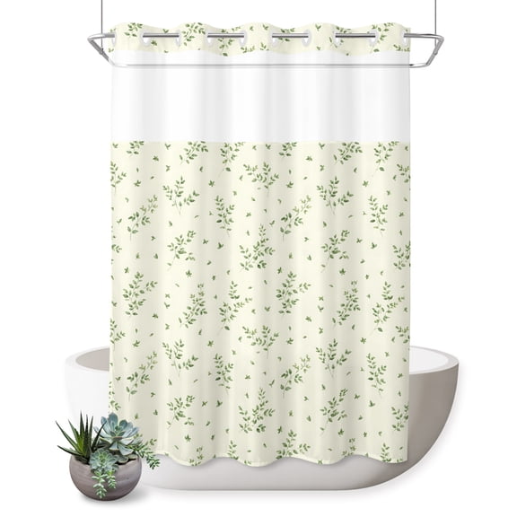 No Hook Shower Curtain, Yellow Green Botanical Shower Curtains for Bathroom with See Through Top Window, Spring Summer Leaves Greenery Waterproof & Washable Bath Curtain Extra Long 72"x84"