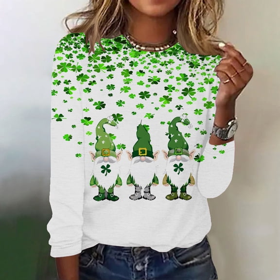 St. Patrick's Day Shirts for Women Long Sleeve Tops Crewneck Pullover Tshirt Green Shamrock Graphic Tees Green Clover T Shirt
