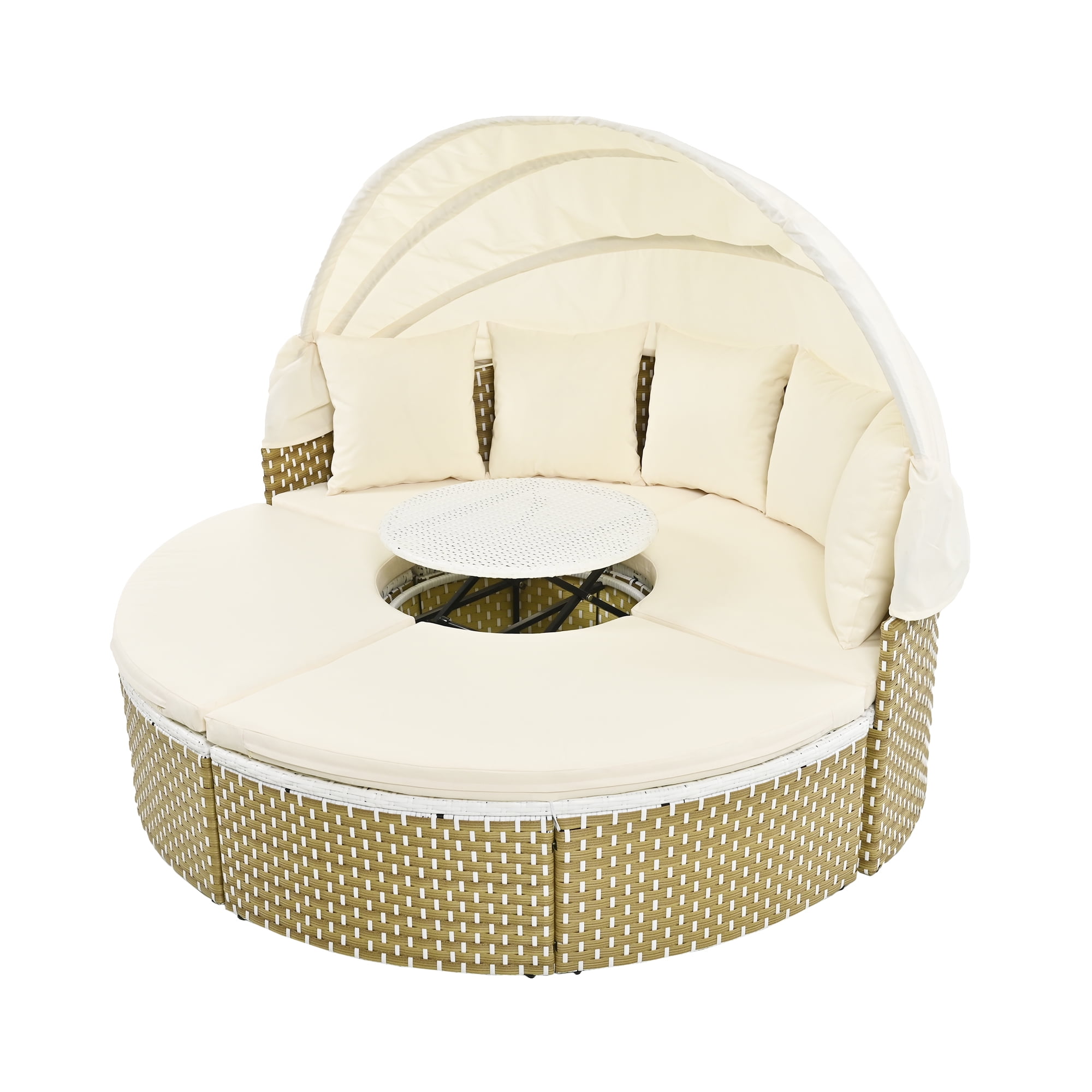 MAYEERTY Luxury Outdoor Round Sectional Sofa Set – Rattan Daybed with Retractable Canopy, Adjustable Table & Removable Cushions