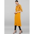 thumbnail image 5 of Janasya Indian Mustard Poly Crepe Gold Print A-line 3\4 Sleeves Round Neck Calf Length Kurta for Women, 5 of 8