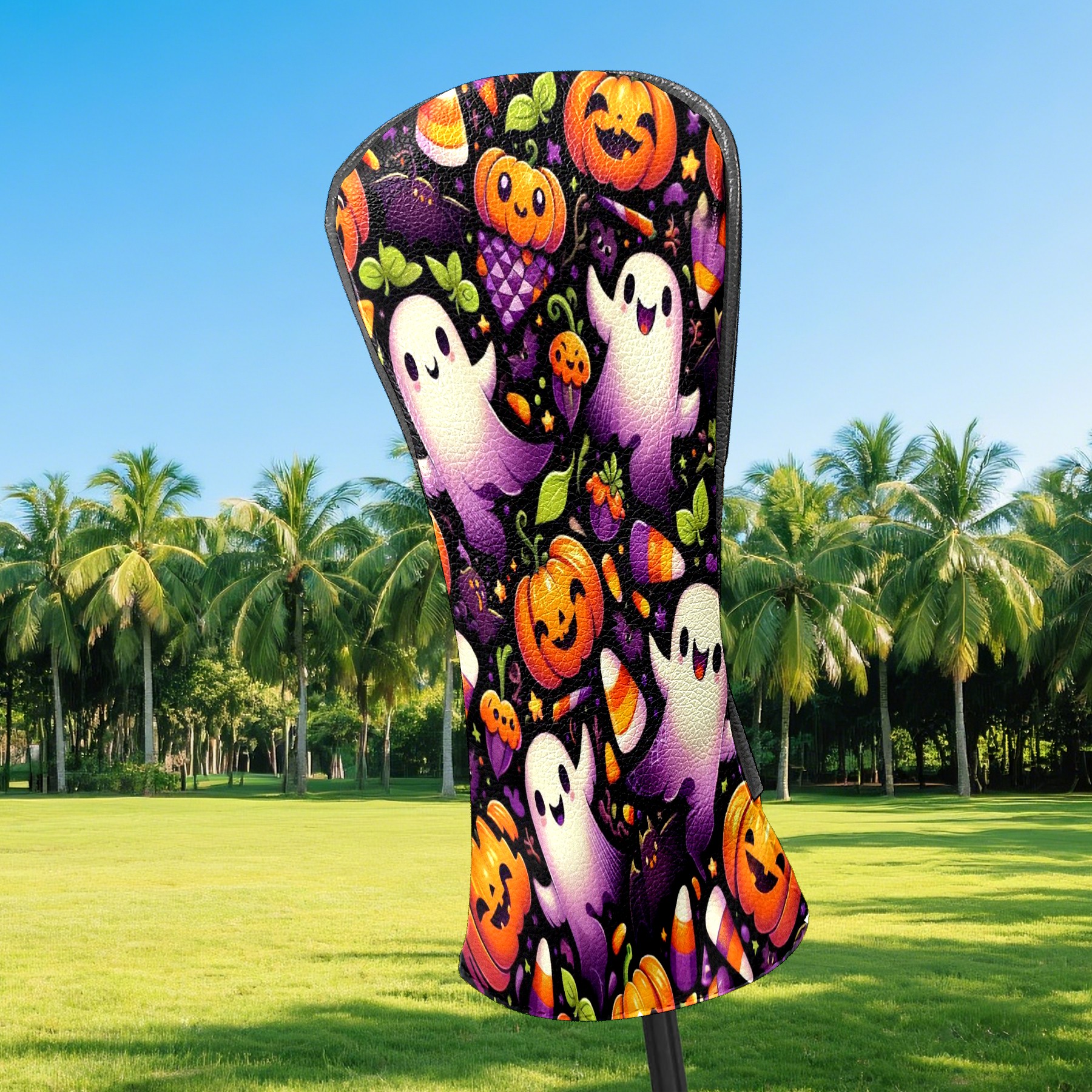 Golf Club Covers, Orange Halloween Ghosts Premium PU Leather Driver Hybrid Putter Head Covers with Velvet Lining, Waterproof Golf Gifts for Men Women