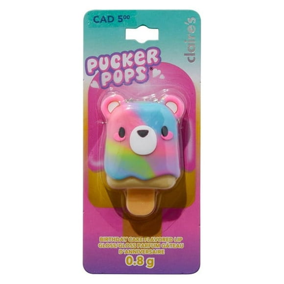 Claire's Pucker Pops Lips Gloss Rainbow Bear, Birthday Cake Flavor Gloss, 0.8g