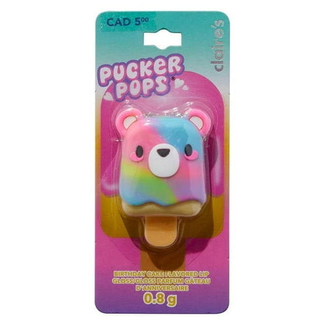 Claire's Pucker Pops Lips Gloss Rainbow Bear, Birthday Cake Flavor Gloss, 0.8g