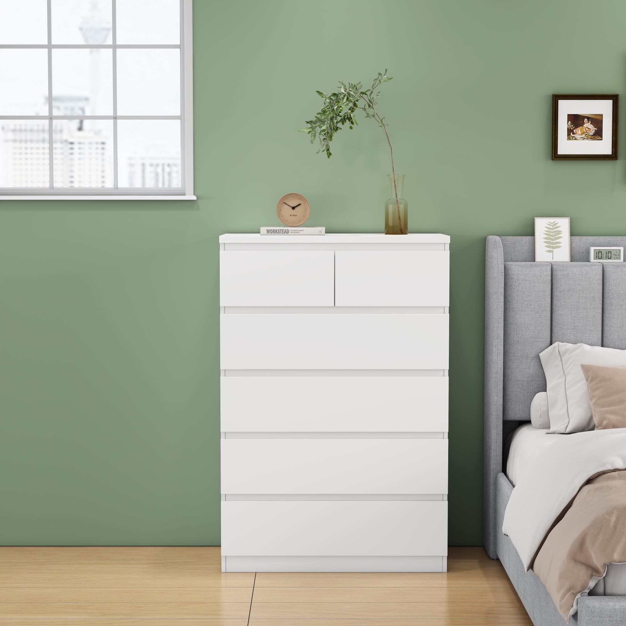 Leumius 6-Drawer Dresser for Bedroom,Modern Handle-Free Chest of Drawers with 2 Small & 4 Large Drawers,Minimalist Storage Cabinet for Living Room,Closet,White
