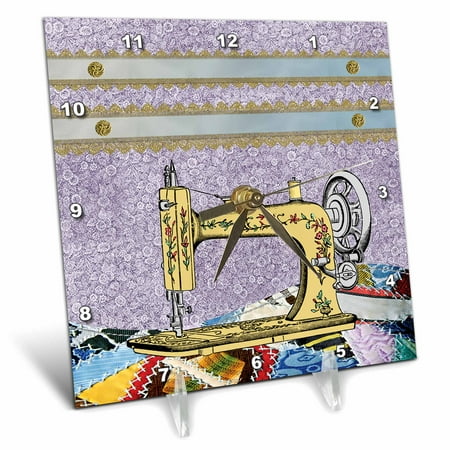 3dRose Vintage Flowered Yellow Sewing Machine with Colorful Quilt, Desk Clock, 6 by 6-inch