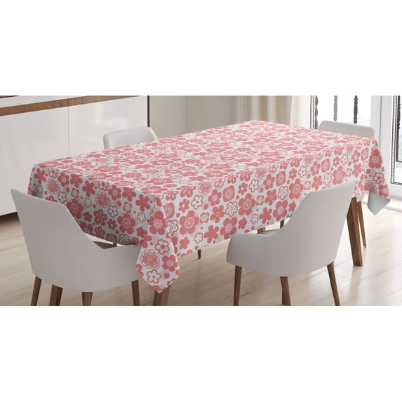 Cherry Blossom Tablecloth, Spring Nature Inspired Doodle Style Gardening Plants Far, Rectangle Satin Table Cover Accent for Dining Room and Kitchen, 60" X 84", Coral White, by Ambesonne