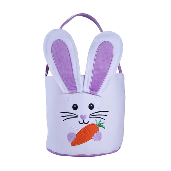 Easter Plush Basket for Egg and Gifts 9" W x 9.25H", Bunny Bag, Rabbit Face with Soft Ears,Purple