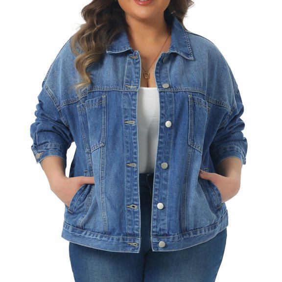 DARING DIVA Women's Plus Denim Long Sleeve Button Washed Jacket 1X Blue