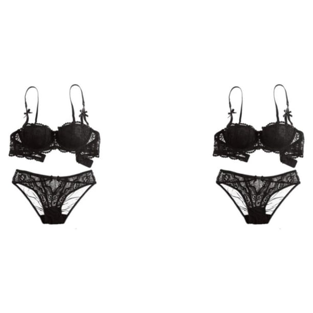 Qarigey Conjunto de sujetadores Bralette de encaje de moda Cierre trasero Correa ajustable Push Up Ropa interior Amigable con la piel Deep-V Negro 70A 2Conjunto