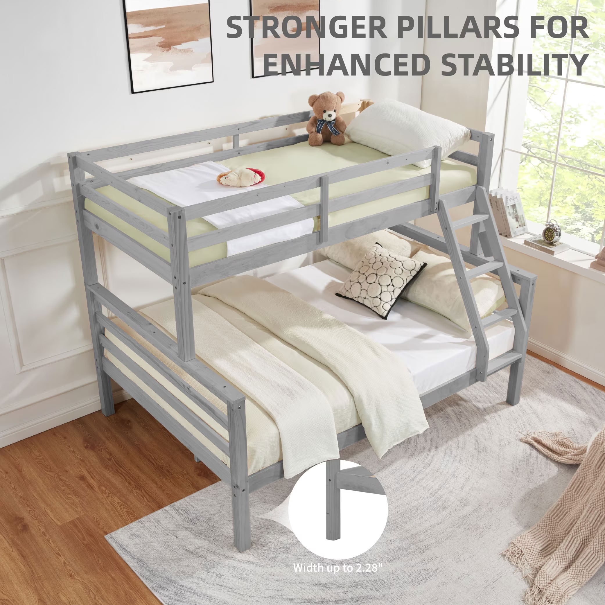 MAYEERTY Twin over Full Bunk Bed with Thick Posts, Solid Wood Bed Frame with High Guardrail and Ladder, for Kids Teens Dorm Rooms Guest Rooms, No Box Spring Needed