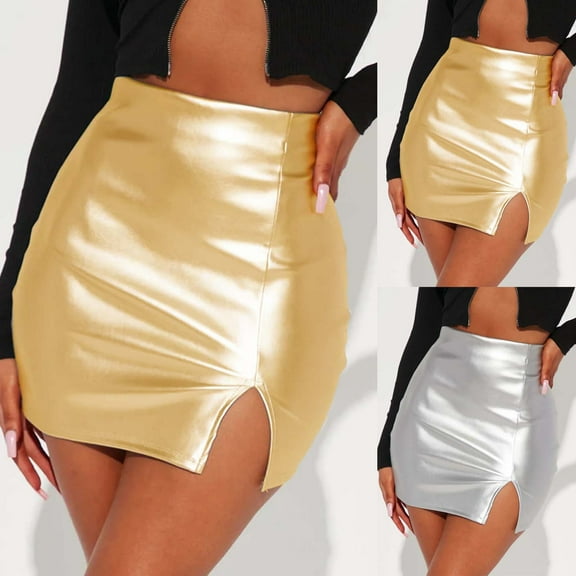 safuny Women's Mini Bodycon Leather Skirts Y2K Girls Fashion Vintage Solid Color Slit Hem Holiday High Waisted Summer Elegant Casual Gold L