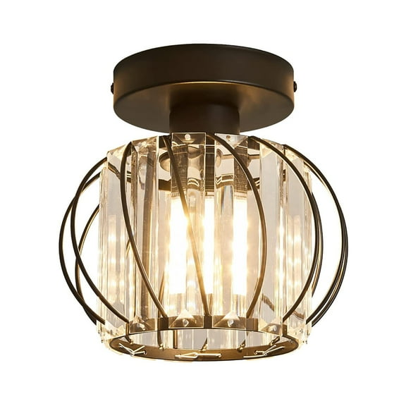 LOHASLED 1-Light Black Semi Flush Mount,K9 Crystal Industrial Metal Cage Ceiling Light Fixture,Modern Style for Hallway Porch Kitchen Bathroom