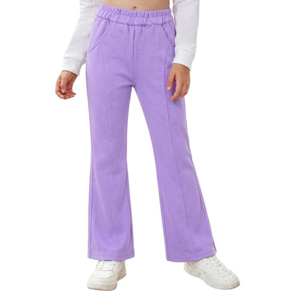 WQNVRNR Girls Flare Bell Bottom Pants Cotton Warm Comfort Elastic High Waist Casual Kids Long Pants with Side Pockets Purple 8 Years