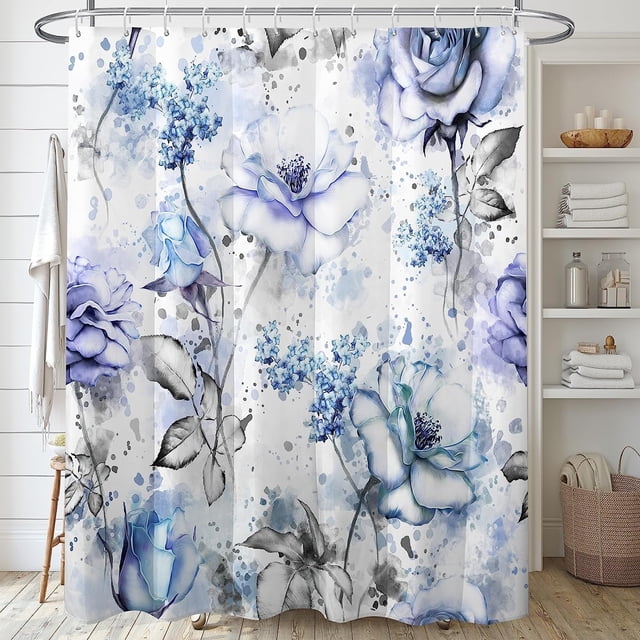 Cortinas de ducha con flores azules y hojas grises, diseño floral de rosas en acuarela, modernas y minimalistas, tela impermeable con 12 ganchos, 182 x 182 cm.