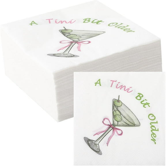20pcs Martini Bow Birthday Party Napkins A Tini Bit Older Paper Napkins Martini Disposable Napkins for Girls Women Trendy Martini Bar Birthday Bachelorette Bridal Shower Party Supplies 5"x5"