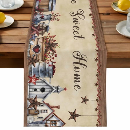 Home Sweet Table Runner, Home Retro Country Star House Barrel Farm Cotton Linen Table Cloth, Tablerunner for Kitchen Dining Party Wedding Home Decor 13x36 Inch