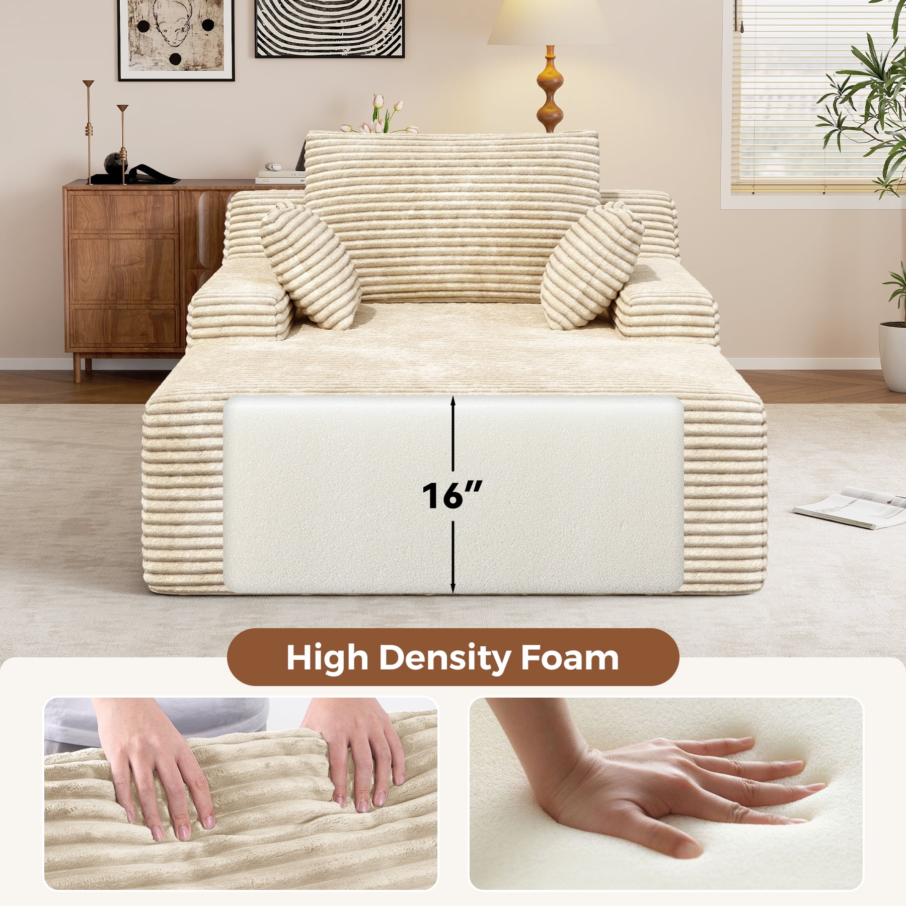 Daluvenix 51 Inch Chaise Lounge Chair Indoor Oversized Corduroy Upholstered Boneless Sofa Bed Deep Seat Sleeper Couch Reading Chairs Cloud Sofas Couches for Living Room