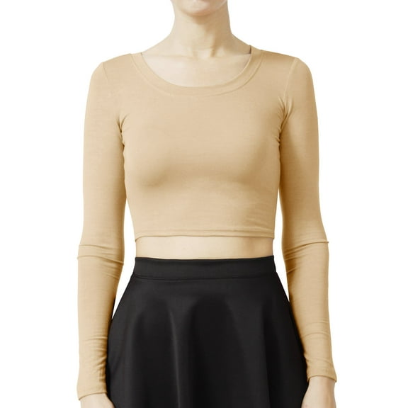 J. METHOD Women's Long Sleeve Scoop Neck Crop Top Solid Basic Casual Cropped T Shirts NEWT19 Beige M