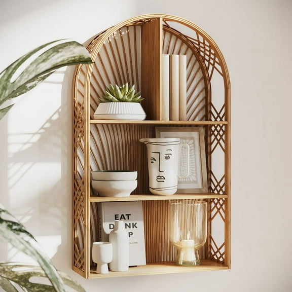 Harmony Brown Arch Rattan Boho Tiered Wall Shelf