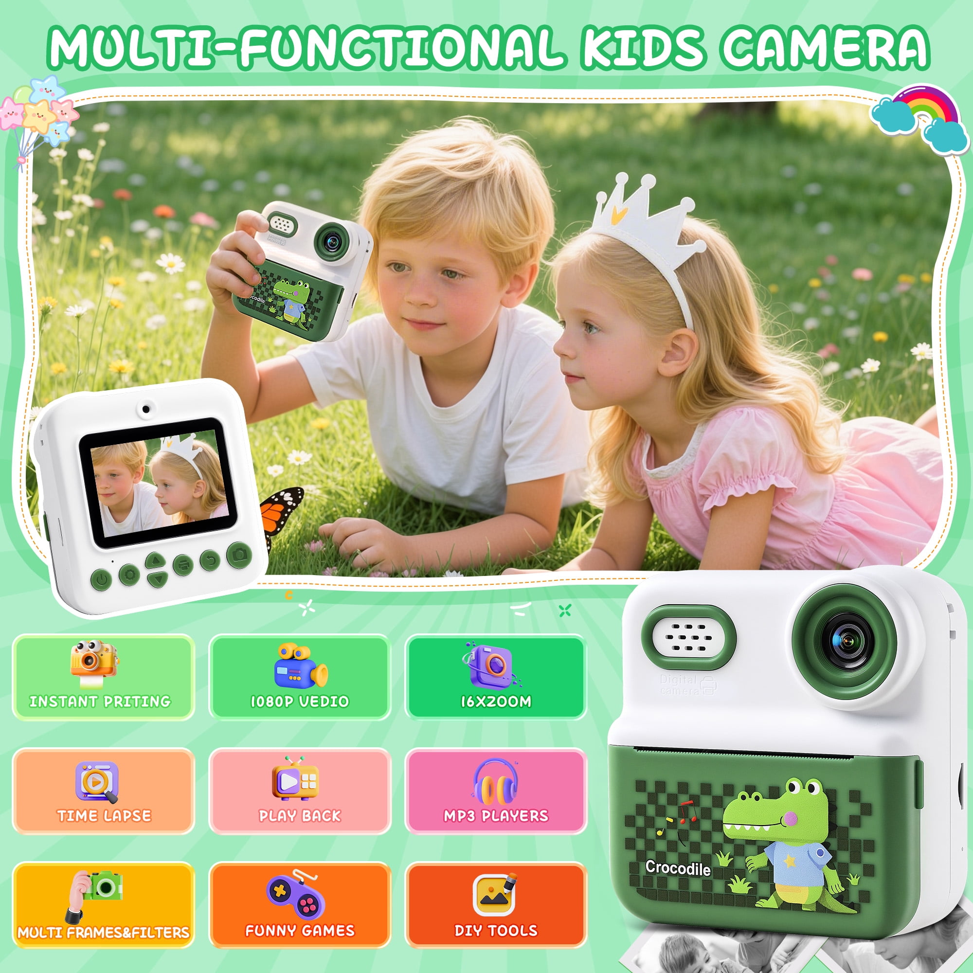 ALLJOY Instant Print Kids Camera with 64GB SD Card 1080P HD Digital Video Camera Toy for Toddler Kids, Christmas Birthday Gift for Girls Ages 3-12,  Green